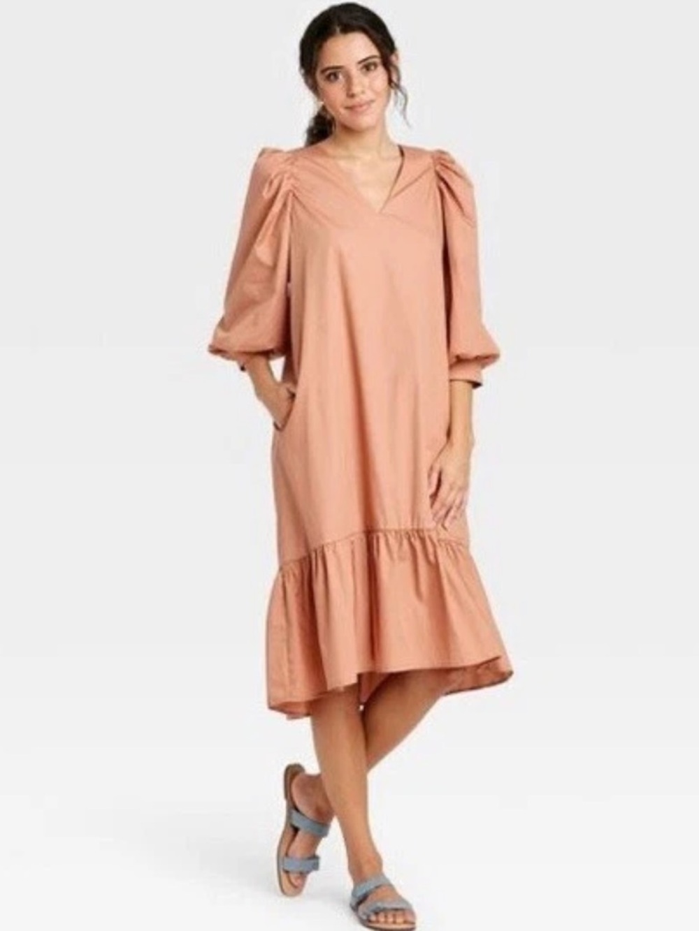 Relaxed Puff-Sleeve Midi Dress in Terracotta XXL A new Day